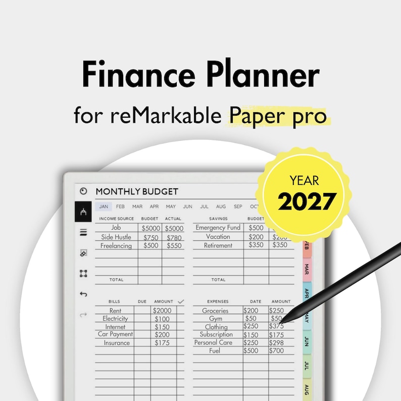 May include: A digital finance planner for reMarkable Paper pro displaying a monthly budget template for the year 2027. The screen shows columns for income, savings, bills, and expenses with a black stylus pointing at the expense section.