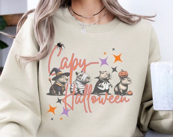 Capibara-trui, capy-halloweenshirt, herfstsweater, girly halloween, Trick or Treat-shirt, schattige capibara's in kostuum, capibara