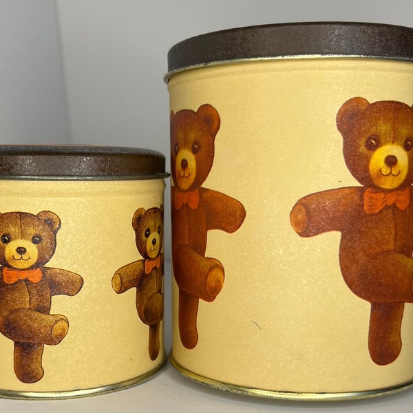 Vintage 1980 Wind-Up Spinning Teddy Bear Music Box with Matching Smaller Tin // 5” and 3.5”