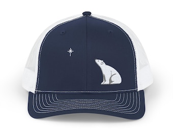 Embroidered Polar Bear Trucker Cap: Navy and White Snapback