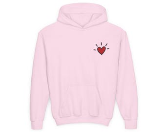 Keith Haring Style Heart Embroidered Youth Hoodie | Pink