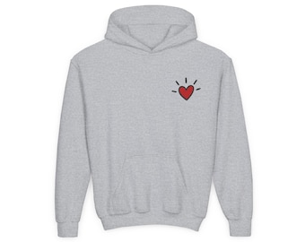Keith Haring Style Heart Embroidered Youth Hoodie | Heather Grey