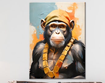 Funky Monkey kleurrijke canvas print, abstracte aap, badkamer kunst aan de muur, Animal Print Art, Office Wall Decor, chimpansee kunst, ingelijst klaar om op te hangen