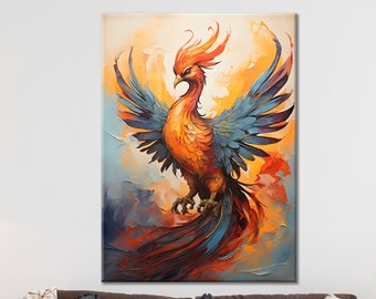 Phoenix Bird Rising from Fire Oil Painting, Rising Phoenix Wall Art, Impresión enmarcada, Listo para colgar, Decoración de la pared de la oficina en el hogar, Regalo del Día de la Madre