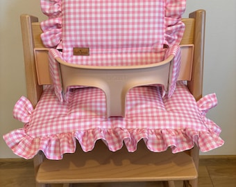 Dwuczęściowy zestaw poduszek wodoodpornych do Stokke Tripp Trapp Baby Set falbanki kratka malinowy róż