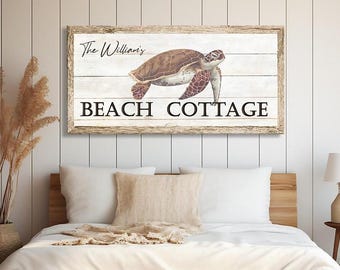 Custom Beach Cottage Canvas Sign, Personalized Beach Cottage Sign with a Sea Turtle on Wood Background, Gift for New Home.