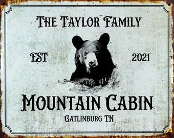 Custom Cabin Sign with Black Bear, Personalized Cabin Wall Decor Canvas, Mountain Cabin Sign, Gift for Cabin, Vintage Cabin Sign
