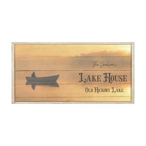 Custom Lake House Canvas Sign, Personalized Lake House Sign, Lake House Canvas Sign with a Boat and Morning Background, Gift for New Home.