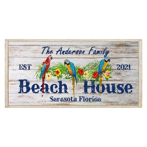 Custom Beach House Sign, Personalized Beach House Sign, Beach House Sign with Parrots, Gift for New Home, House-Warming Gift.
