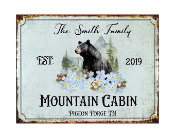 Custom Cabin Sign with Black Bear, Personalized Cabin Wall Decor Canvas, Mountain Cabin Sign, Gift for Cabin, Vintage Cabin Sign