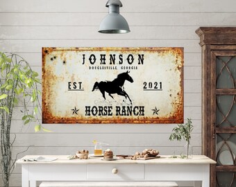 May include: Rustic metal sign with a distressed, rusty look. It reads "JOHNSON DOUGLASVILLE, GEORGIA EST. 2021 HORSE RANCH" with a silhouette of a horse in the center.