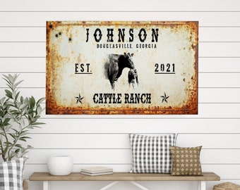Rustic Cattle Ranch Sign, Personalized Ranch Wall Art Decor Canvas Custom Made Personalized Gift, Gift for Home, Gift for Farm Ranch.