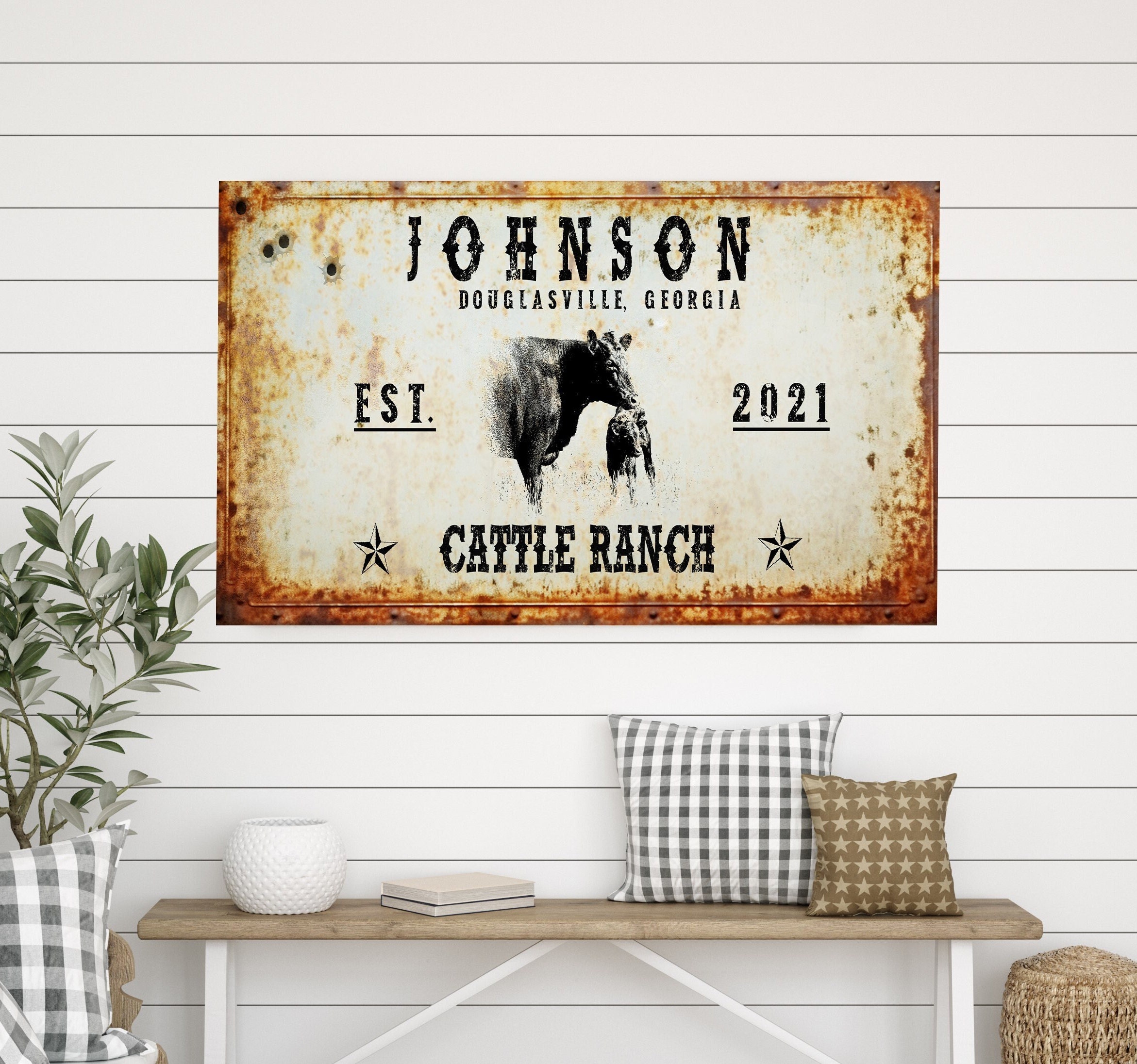 Rustic Cattle Ranch Sign, Personalized Ranch Wall Art Decor Canvas ...