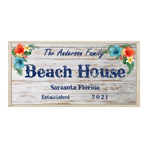 Custom Beach House Sign, Personalized Beach House Sign, Beach House Sign with Tropical Flowers, Gift for New Home, House-Warming Gift.