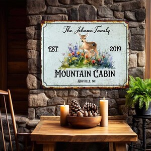 Custom Cabin Sign with Deer and Flowers, Personalized Cabin Wall Decor, Mountain Cabin Sign, Gift for Cabin, Vintage Cabin Sign with Fawn.