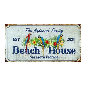 Custom Beach House Sign, Personalized Beach House Sign, Beach House Sign with Parrots on Rusted Metal, Gift for New Home.