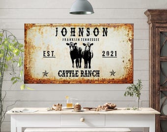 Rustic Cattle Ranch Sign, Personalized Ranch Wall Art Decor Canvas Custom Made Personalized Gift, Gift for Home, Gift for Farm Ranch.