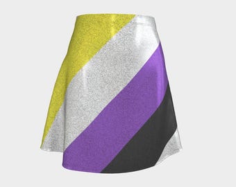 Nonbinary Pride Glitter Flare Skirt: Stretchy A-Line Lightweight Performance Fabric