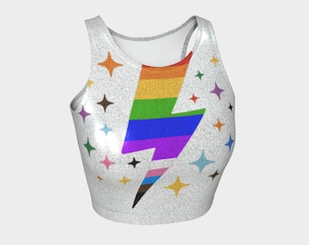 Rainbow Pride Glitter Tank Top: Stars and Stripes Cropped Top - Stretchy, Lightweight Performance Fabric - UPDATED DESIGN