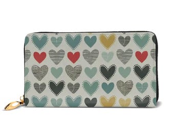 Cartera de mano con cremallera de cuero vegano Blue Hearts