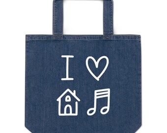 I Love House Music Organic Oversized Denim Tote Bag with Inside Pocket for Records Books Phone Groceries DJ Gift