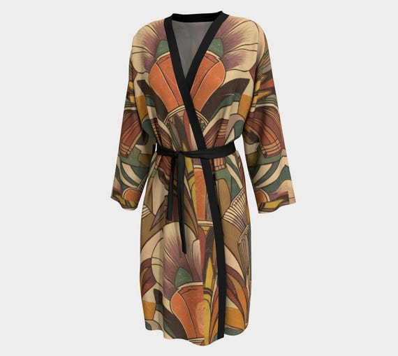 Art Deco-inspired Chiffon Silk Peignoir Long Brown and Gold Robe