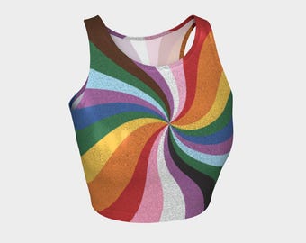 Pride Swirl Glitter Cropped Tank Stretchy Pride Sparkly Outfit Lightweight Performance Fabric