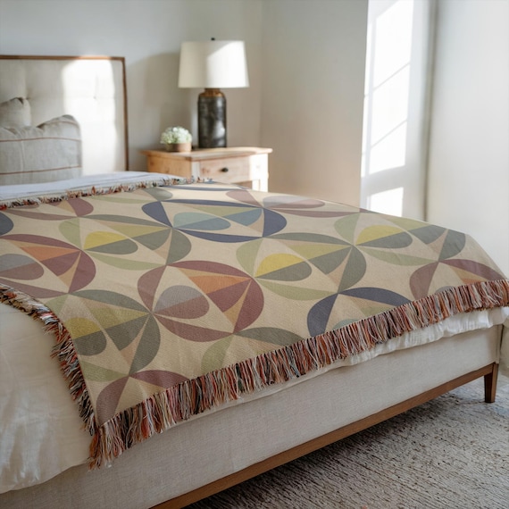 Geometric Cotton Throw Blanket: Midcentury Modern Art Deco Colors