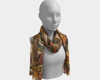 Art Deco Inspired Brown and Gold Silk Floral Print Scarf with Teal Accents