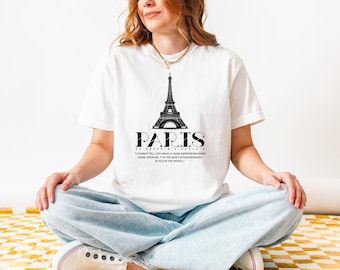 Camiseta con el horizonte de París, camiseta con la Ciudad de la Luz, camiseta con estampado parisino, ropa de la Torre Eiffel, camiseta elegante de París, camiseta romántica de ciudad.