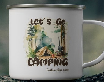 Let's Go camping Enamel 12 oz Camping Mug, personalized mug, personalized mug gift, gift for camper, cute enamel mug, stainless steel mug