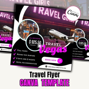 Volantes de agentes de viajes editables en Canva de Girls Trip Vegas Folleto de agentes de viajes DIY, promoción de agentes de viajes de IG. Folleto promocional de IG, Plantilla de viaje, Agencia