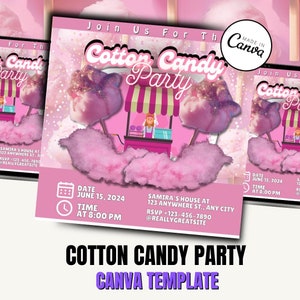 Modelo de Canva para festa de folheto de algodão doce / Modelo de Canva para festa / Modelo de festa de evento / Modelo editável com tema de algodão doce / Folheto DIY