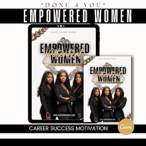 Peut inclure: Une maquette numérique de couverture de livre avec un motif de chaîne dorée et le texte "EMPOWERED Potential WOMEN" et "Achieving Career Success on Your Terms". La couverture présente trois femmes en costumes noirs sur un fond blanc.
