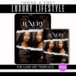 Puede incluir: Una plantilla de maqueta de portada de revista con un diseño en blanco y negro. La portada presenta la palabra "Luxury" en una fuente blanca en negrita y el texto "The Art of Luxury: A Journey Through Elegance". La portada también presenta una foto de dos mujeres con cabello largo y oscuro.