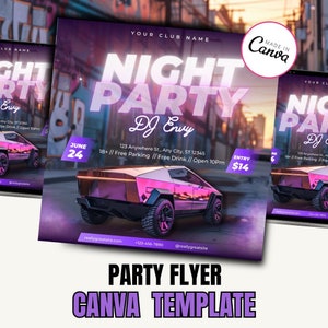 May include: A purple and pink night party flyer template with a futuristic car graphic. The flyer includes the text "NIGHT PARTY" and "DJ Envy", along with event details and the Canva logo. The flyer is a Canva template.