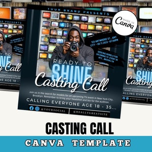 May include: A casting call poster with a blue and white color scheme. The poster features a man holding a camera and the text "Ready to Shine Casting Call". The poster also includes the text "Seeking Models for Upcoming TV Event in NYC, Brooklyn" and "Calling Everyone Age 18 - 35..."