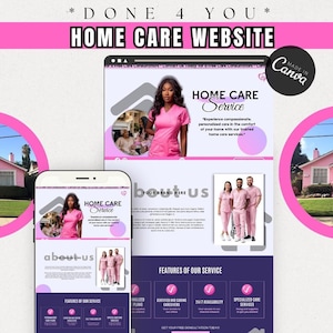 May include: Website mockup for a home care service. The website features a pink and white color scheme with images of caregivers and text that says "Home Care Service" and "About Us". The website also includes a section on the features of the service, which include personalized plans, certified and caring caregivers, 24/7 availability, and specialized care services.