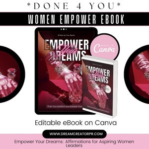 May include: A pink and white ebook cover with the title "Empower Your Dreams" and the text "Fuel Your Ambition and Achieve Your Goals". The cover features a pink glove and a bottle of perfume. The ebook is editable on Canva.