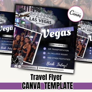 Volantes de agentes de viajes editables en Canva de Girls Trip Vegas Folleto de agentes de viajes DIY, promoción de agentes de viajes de IG. Folleto promocional de IG, Plantilla de viaje, Agencia
