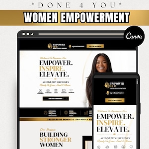 Puede incluir: Un diseño de plantilla de sitio web digital con un esquema de colores negro, blanco y dorado. El diseño muestra el texto EMPOWER HER, EMPOWER. INSPIRE. ELEVATE. A COMMUNITY FOR WOMEN y BUILDING STRONGER WOMEN, en una pantalla de escritorio y móvil.