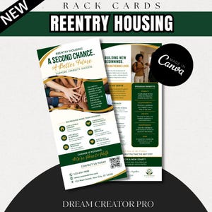 Könnte beinhalten: Zwei vertikale Rack-Cards für ein Wiedereingliederungsprogramm in dunkelgrünem und goldenem Farbschema. Der Text enthält A SECOND CHANCE, A BETTER FUTURE, SUPPORT, STABILITY, SUCCESS und BUILDING NEW BEGINNINGS. Enthält einen QR-Code.