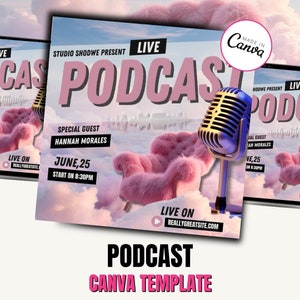 Peut inclure: Un modèle de conception graphique rose et blanc pour un podcast en direct avec le texte "LIVE PODCAST" en grandes lettres roses. Le design présente un microphone, un fauteuil rose moelleux et des nuages. Le texte "Studio Shodwe Present" et "Special Guest Hannah Morales" sont également inclus. Le texte "June, 25 Start on 8:30PM" est inclus. Le texte "Live on Reallygreatsite.com" est inclus. Le texte "Podcast Canva Template" est inclus.