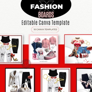May include: A set of 10 Canva templates for fashion boards. The templates feature different outfits with various clothing items, accessories, and shoes. The templates are designed to help users create professional-looking fashion boards.