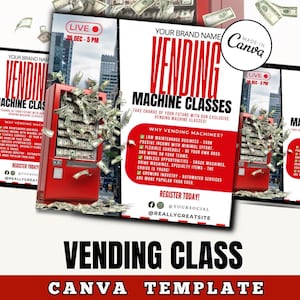Puede incluir: Una máquina expendedora roja con dinero cayendo de ella. Un folleto anuncia clases de máquinas expendedoras con el texto "Your Brand Name Vending Machine Classes" y "¡Toma el control de tu futuro con nuestras clases exclusivas de máquinas expendedoras!" El folleto también enumera las razones por las que las máquinas expendedoras son una buena oportunidad de negocio. El folleto incluye el texto "¡Regístrese hoy!" y los identificadores de las redes sociales.