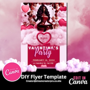 May include: A pink and red Valentine's Day party flyer with a woman in a red top and black pants sitting on a swing. The flyer says "Valentine's Party" and "February 14, 2024".