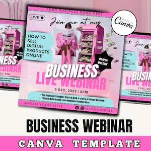 Może przedstawiać: Różowa i biała ulotka webinaru biznesowego z kobietą siedzącą w różowej lodówce wypełnionej pieniędzmi. Ulotka zawiera napis "Dołącz do mnie na moim webinarze biznesowym na żywo" i zawiera datę i godzinę webinaru. Ulotka zawiera również tekst "Jak sprzedawać produkty cyfrowe online".