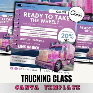 Puede incluir: Plantilla Canva rosa y blanca para una clase de camiones en línea. La plantilla presenta un camión semirremolque rosa con diamantes de imitación y el texto "¿Listo para tomar el volante? Comienza tu propio negocio de camiones desde casa".