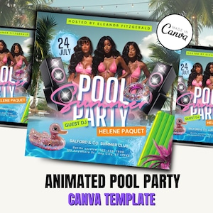 May include: A pink and white pool party invitation with the text "Pool Summer Party" and "Guest DJ Helene Paquet". The invitation also includes a date of July 24th and the name of the host, Eleanor Fitzgerald.