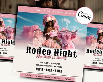 Western Night Party Flyer Template, Party Flyer, club Flyer, Canva Flyer, Canva Template 2024, digital flyer, motion flyer, Cowgirl Rodeo